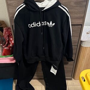 Black Hoodie with White Trefoil and Stripes size M